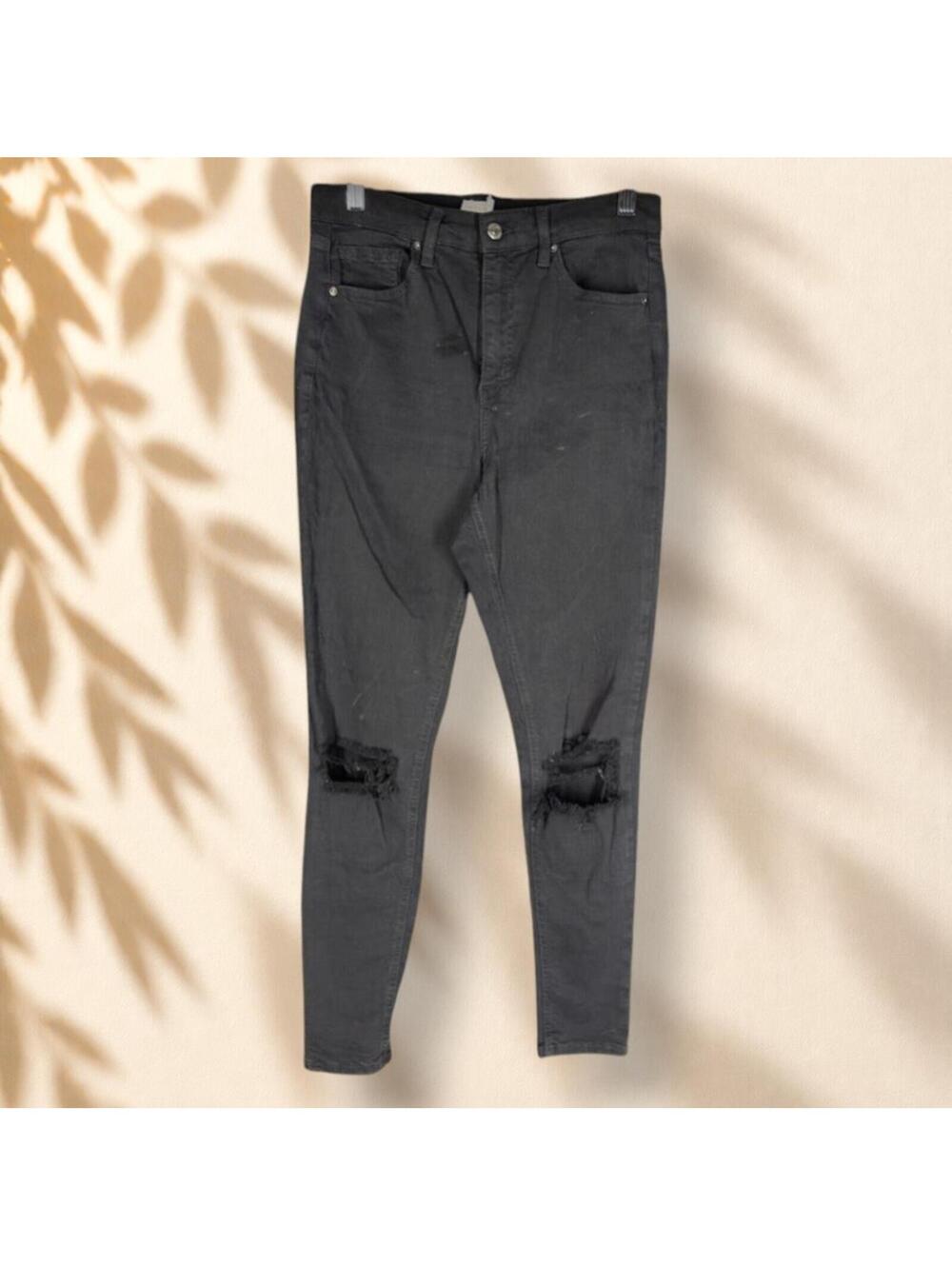 Topshop Jeans Men 30*32 Black Denim Dark Wash Mid Rise Skinny Distressed Jamie